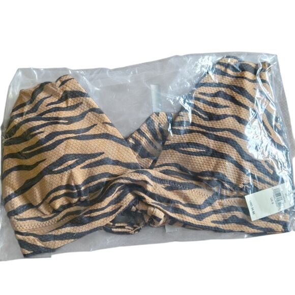 Aerie Pique Animal Print Tie Longline Triangle Bikini Top Sienna Black Sz Small - Picture 3 of 7